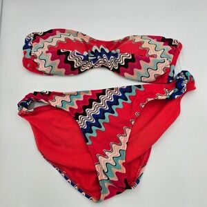 Old Navy Medium Swimsuit Bikini Set Red Multicolor Zig Zag Pattern Vintage‎ Y2k